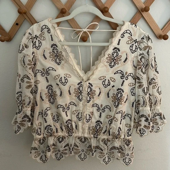 Anthropologie Cream and Black Embroidered Top - Picture 1 of 8
